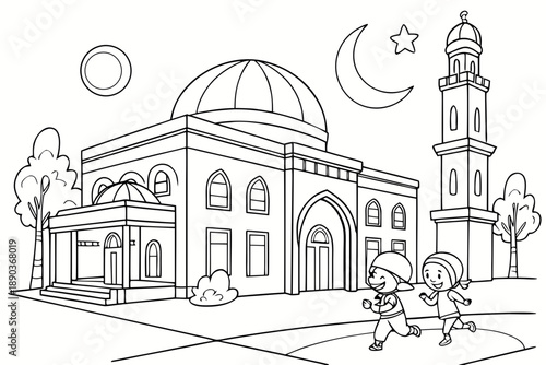 Mosque courtyard with children playing, Ramadan theme, simple line art, black and white coloring page, clean outlines
