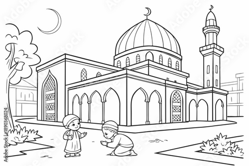 Mosque courtyard with children playing, Ramadan theme, simple line art, black and white coloring page, clean outlines