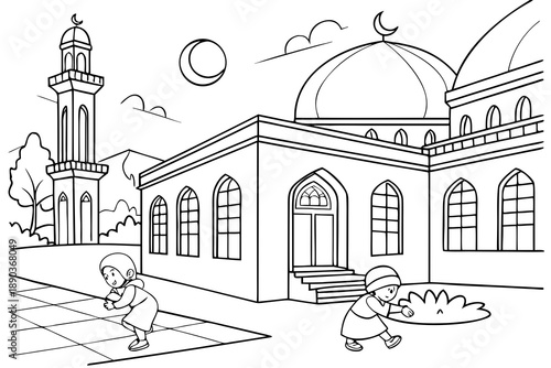 Mosque courtyard with children playing, Ramadan theme, simple line art, black and white coloring page, clean outlines