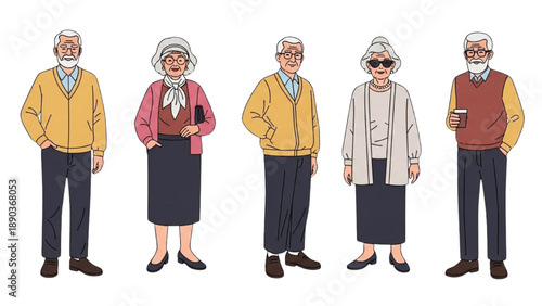 Elderly individuals standing in a row, showcasing diverse fashion styles and accessories, front view illustration.