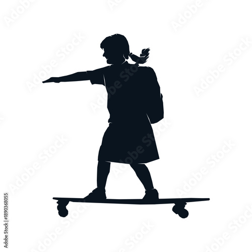 Child girl on skateboard going to school silhouette vector illustration