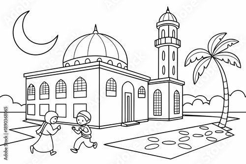 Mosque courtyard with children playing, Ramadan theme, simple line art, black and white coloring page, clean outlines