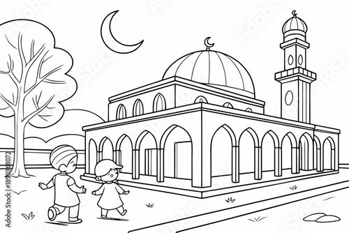 Mosque courtyard with children playing, Ramadan theme, simple line art, black and white coloring page, clean outlines