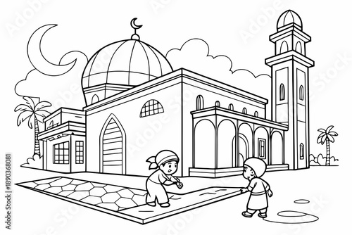 Mosque courtyard with children playing, Ramadan theme, simple line art, black and white coloring page, clean outlines