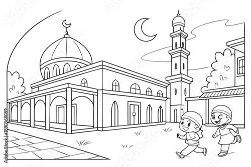 Mosque courtyard with children playing, Ramadan theme, simple line art, black and white coloring page, clean outlines