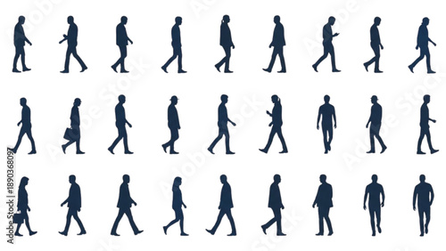 Collection of people walking in various poses and directions, illustrated silhouettes, urban scene