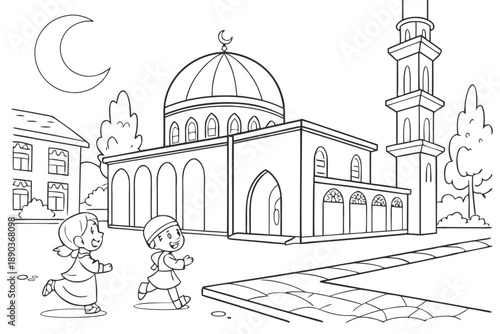 Mosque courtyard with children playing, Ramadan theme, simple line art, black and white coloring page, clean outlines