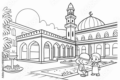 Mosque courtyard with children playing, Ramadan theme, simple line art, black and white coloring page, clean outlines