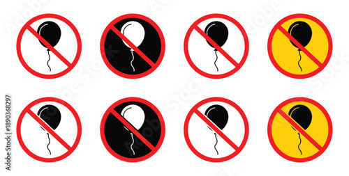 No balloons allowed sign. Prohibited vector icon for party and celebration. Warning symbol, forbidden area notice,  restriction and environment concept.