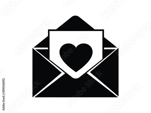 Black icon representing an open envelope with a heart symbol on a letter inside.