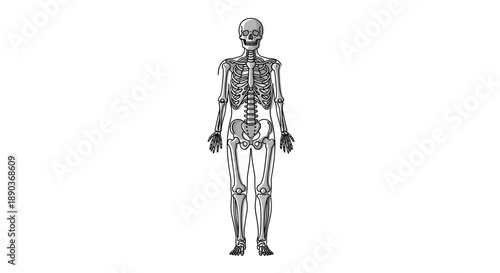 Anatomical illustration of the human skeletal system displaying a full body view of bones and joints in a realistic medical depiction