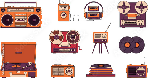 Vintage audio device vector set with retro radio, cassette player, vinyl record turntable and tape recorder illustration