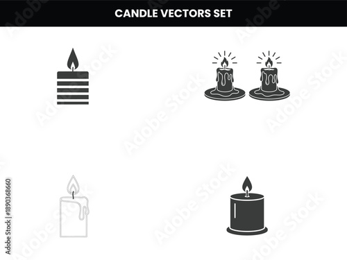 Set of four candle vector icons: striped candle, pair of melting candles, simple candle, and dark silhouette candle