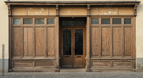 Wooden doorway entrance with panels and glass windows in vintage