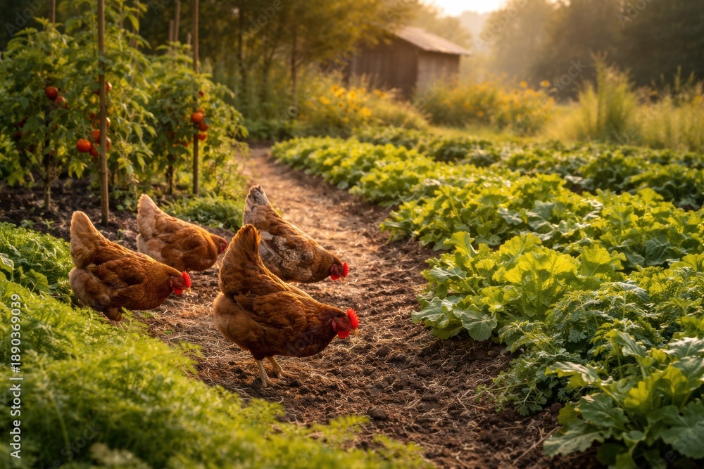 Obraz premium Chickens Roaming Freely Amongst Fresh Vegetables and Lush Greenery in a Picturesque Rural Landscape