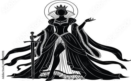 Fantasy Warrior Queen Silhouette Vector Illustration, Mythical Royal Goddess with Sword, Medieval Princess Kingdom Outline Graphic for Enchanted Design Template