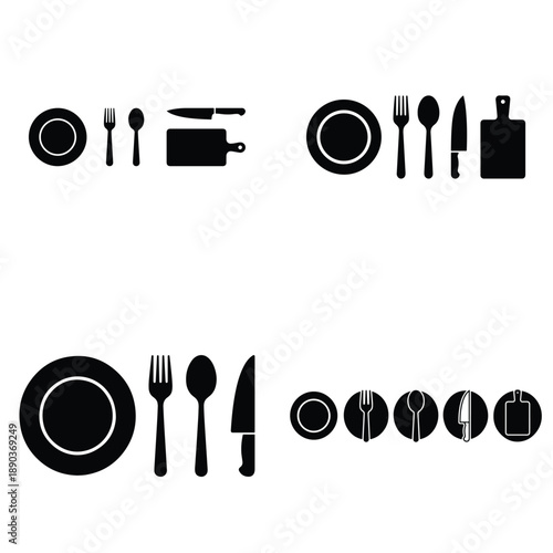 Essential set of kitchen cutlery and tableware icons featuring plates, knives, and cutting boards.