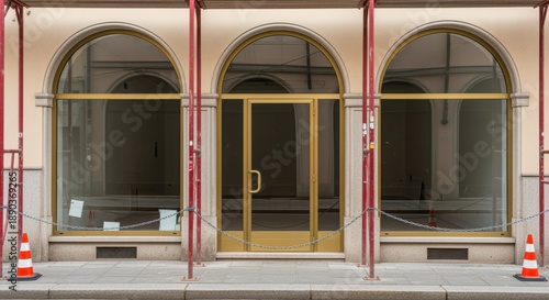 storefront window doors closed construction safety cones