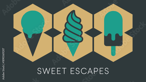 Colorful ice cream icons in honeycomb pattern for sweet treats branding