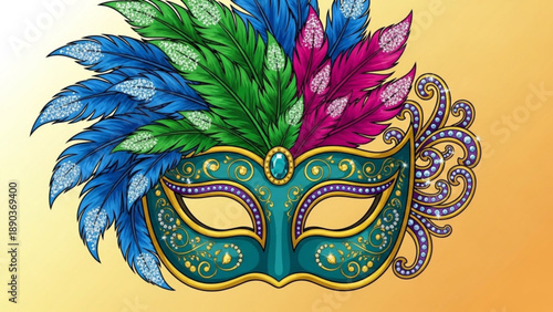 Ornate Venetian masquerade mask with colorful feathers and intricate details perfect for carnival or party invitations isolated on gradient b