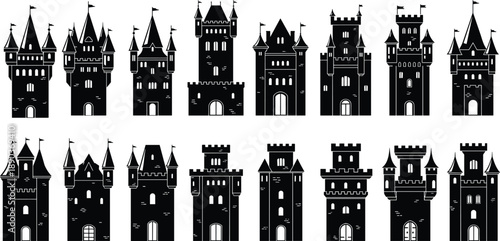 Set of Medieval Castle Silhouette Vector Illustration, Ancient Fortress and Palace Icon Collection, Gothic Citadel Architecture Graphics for Fantasy Design Project Template