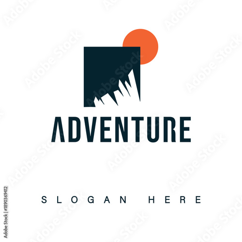 Modern Minimalist Adventure Logo Design with Mountain Peak and Sun; Abstract Geometric Symbol for Travel Agency, Outdoor Gear, Hiking Club, and Tourism Branding