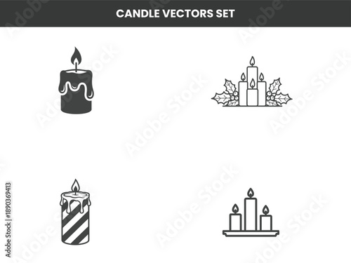 Vector candle icons with holiday elements like holly, plus dripping and striped designs