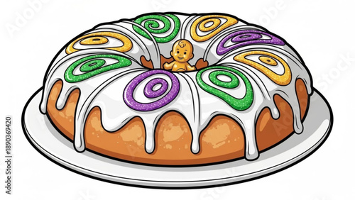 King cake with traditional Mardi Gras colors a hidden baby figurine and icing isolated on a white plate for festive celebrations