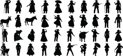 Wild West Silhouette Vector Illustration Set, Cowboy and Cowgirl Outlaw Graphics, Western Frontier Character Icons for Historical Design Project Template