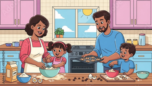 Family baking cookies together in a bright kitchen illustration of parents and children enjoying a fun activity concept for home cooking and 