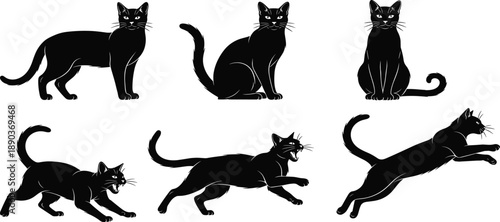 Black Cat Silhouette Vector Illustration Set, Domestic Feline Poses Including Jumping Running Sitting and Hissing, Halloween Pet Animal Graphic Design