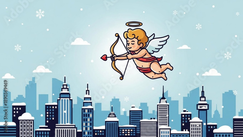 Cupid flying over a winter city skyline shooting a heart arrow symbolizing love and romance in cold weather vector illustration