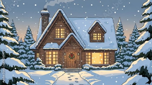 Cozy log cabin in snowy forest at dusk warm glowing windows winter holiday scene for Christmas and New Year