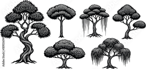 Detailed Tree Silhouette Collection, Hand Drawn Nature Element Set, Woodcut Style Bonsai and Banyan Trees, Isolated Black Vector Plant Graphic