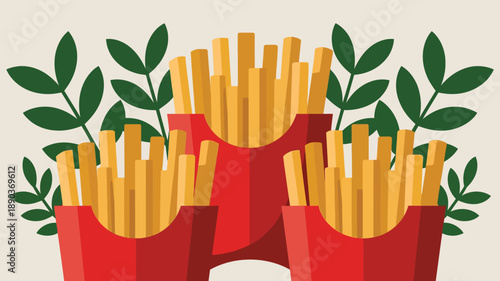 Vibrant french fries in eco friendly containers with green leaves