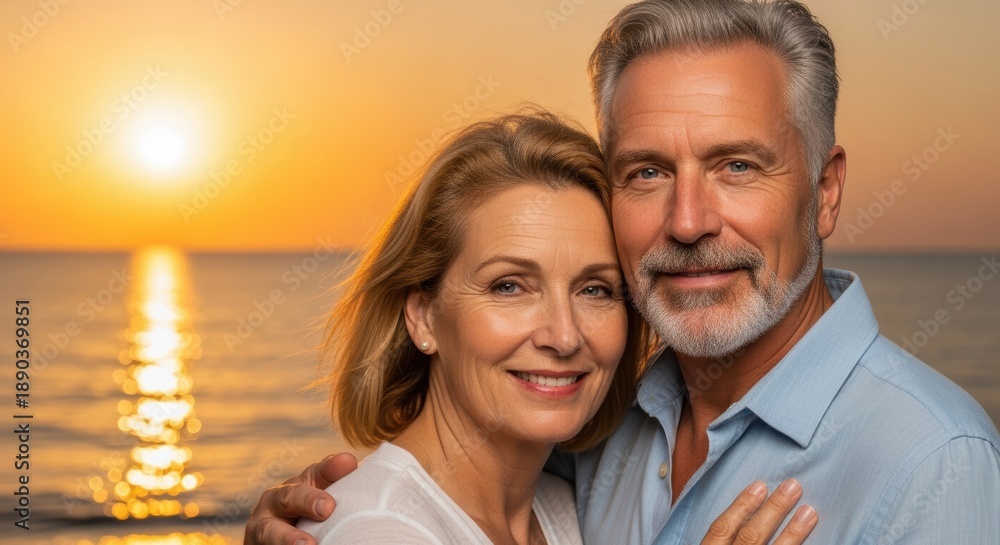 Obraz premium Couple embracing sunset beach romantic elderly love