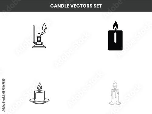 Collection of candle vector icons, including a burner, dripping wax, and festive designs