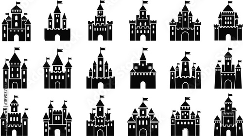 Medieval Castle Silhouette Collection, Royal Fortress and Palace Tower Icons, Kingdom Architecture Set, Flat Vector Illustration Isolated on White Background