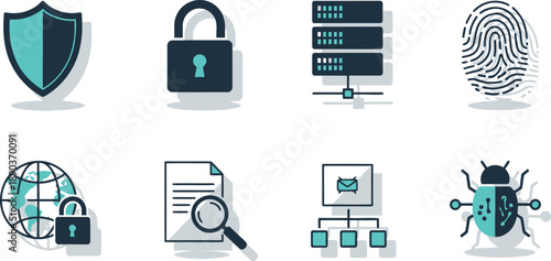 Cybersecurity Icons Collection: Shield, Lock, Fingerprint, and More for Digital Security Solutions