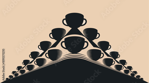 Cups stacked in a pyramid on a table with beige background