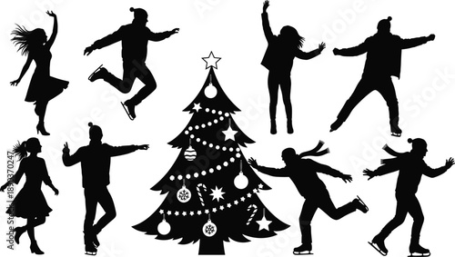 Christmas tree celebration silhouettes, festive winter activity, ice skating poses, holiday joy, black illustration, seasonal concept, expressive design