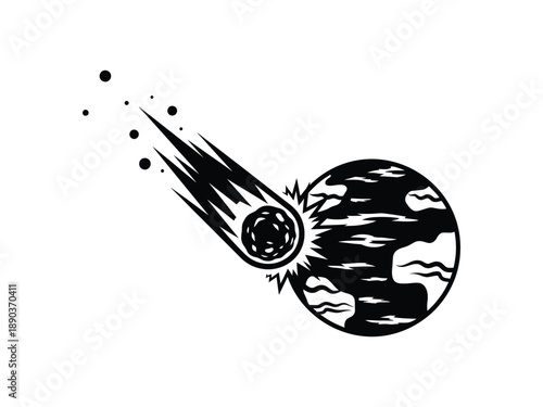 Meteor striking the planet Earth in a dynamic black and white illustration, representing impact or cosmic event.