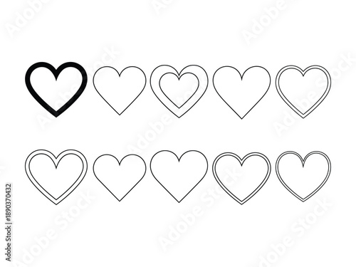 Collection of ten heart outlines: solid, double line, and varying styles for love and design elements.
