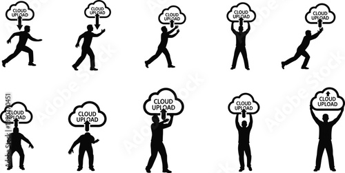 Cloud upload silhouettes, data transfer concept, digital interaction poses, black illustration, tech icon set, expressive motion, computing design