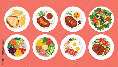 Variety Feast: Colorful Food Plates Top View Illustration