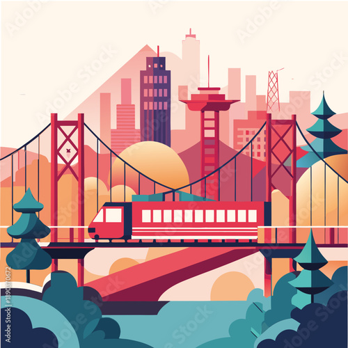 San Francisco bridge illustration with tram and cityscape at vibrant sunset scene.svg	San Francisco bridge illustration with tram and cityscape at vibrant sunset scene	Colorful illustration of a suspe