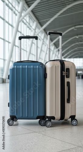 Suitcase travel bags standing together in airport terminal interior