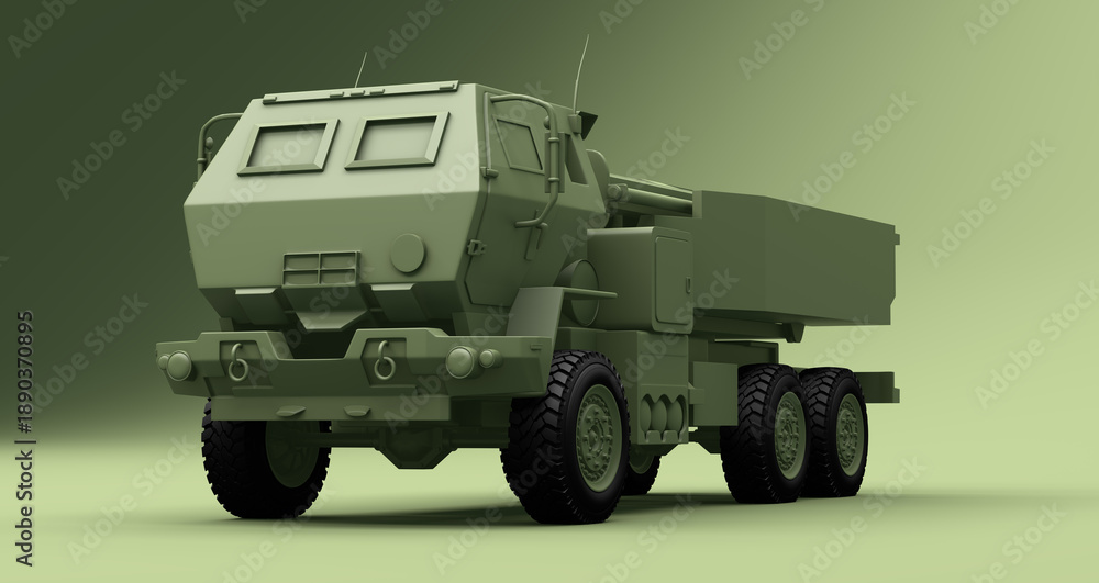 Obraz premium 3D studio render of a green multi-axle military truck with a rocket-launcher module, shown from a low three-quarter front angle on a soft gradient green background.