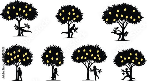 Fruit tree silhouette set, human interaction poses, yellow fruit highlight, black illustration, nature concept, expressive action, orchard theme
