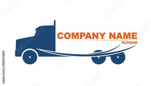 A blue semi-truck logo with orange text on a white background